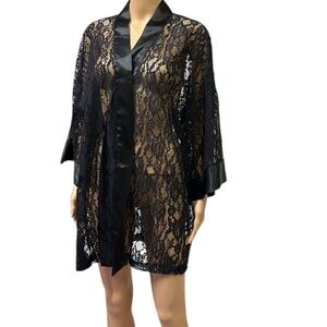 Vintage 80s Victorias Secret Black Floral Lace Satin Trim Kimono Robe One Size